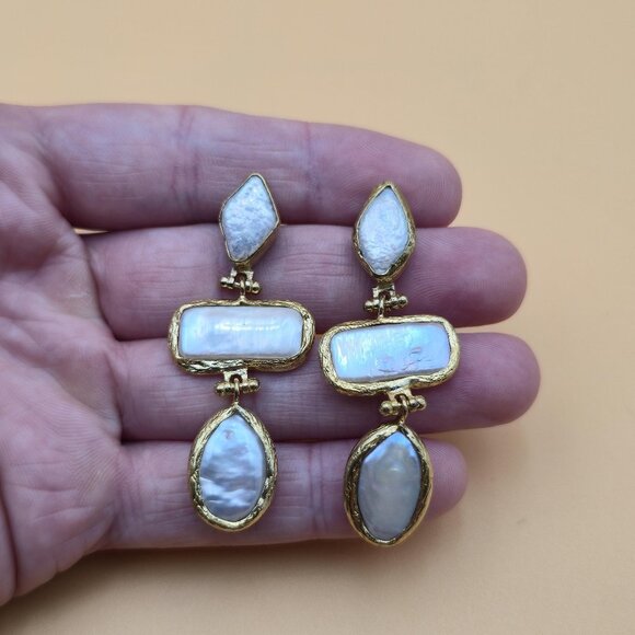 Gold Over Sterling Silver Genuine Pearls Handmade Vintage Earrings A5957 - Picture 1 of 7